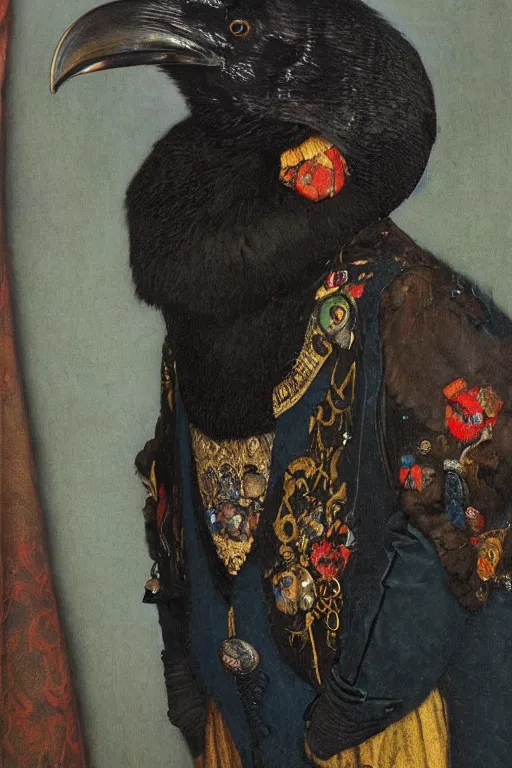 Image similar to portrait of an anthropomorphic black crow wearing clothes, by Donato Giancola and John Bauer and Vermeer, embroidered velvet waistcoat, iridescent beetles, rich color, featured on Artstation, cgisociety, unreal engine, extremely detailed