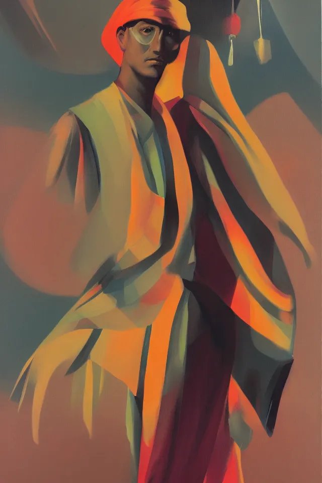 Image similar to chiaroscuro oil painting of a modern shaman, modern minimal isei miyake outfit, in the style of syd mead, jeremy cowart, concept art