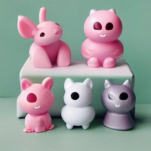 Prompt: some cute plastic toys that look like animal characters, pastel colors