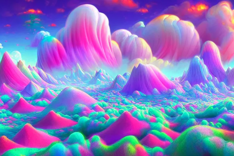 Image similar to a psychedelic realm with rolling plains made out of clouds, mountains made out of icebergs, and plant life made out of cotton candy, in the style of wlop and lisa frank, illustration, epic, fantasy, hyper detailed, smooth, unreal engine, sharp focus, ray tracing