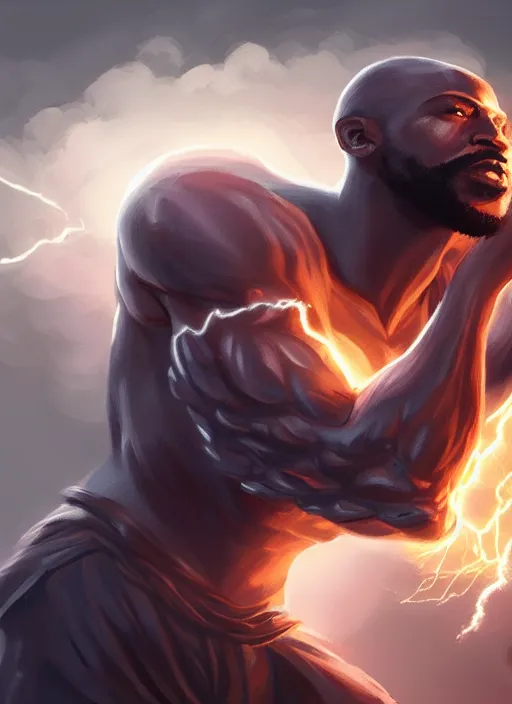 Image similar to a highly detailed illustration of bearded short fade hair african warrior god of lightning, evil summoning lightning from hands pose, moonlit clouds background, muscular, intricate, elegant, highly detailed, centered, digital painting, artstation, concept art, smooth, sharp focus, league of legends concept art, WLOP