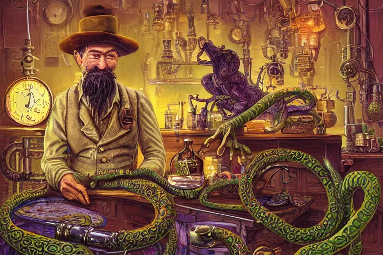 Prompt: Uncle Aloysius, snake oil salesman, wild west crypto pharmaceutical industrialist locomotive petroleum apothecary alchemist tinkerer engineer, cute, fantasy, intricate, elegant, highly detailed, digital painting, 4k, HDR, concept art, smooth, sharp focus, illustration, purple green color scheme, art by Ed Roth and H R Giger and Greg Rutowski and Lisa Frank