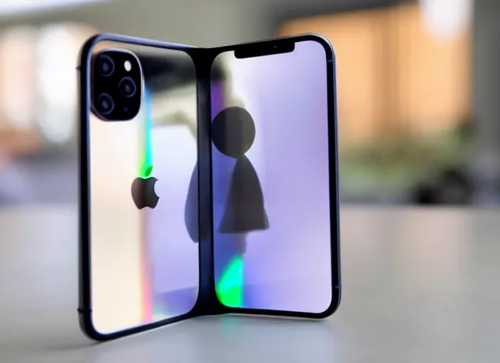 Prompt: product still of the new iphone 2 0 with a!!!!! folding transparent holographic display!!!!! in 2 0 2 9, 4 k, 8 5 mm f 1. 8