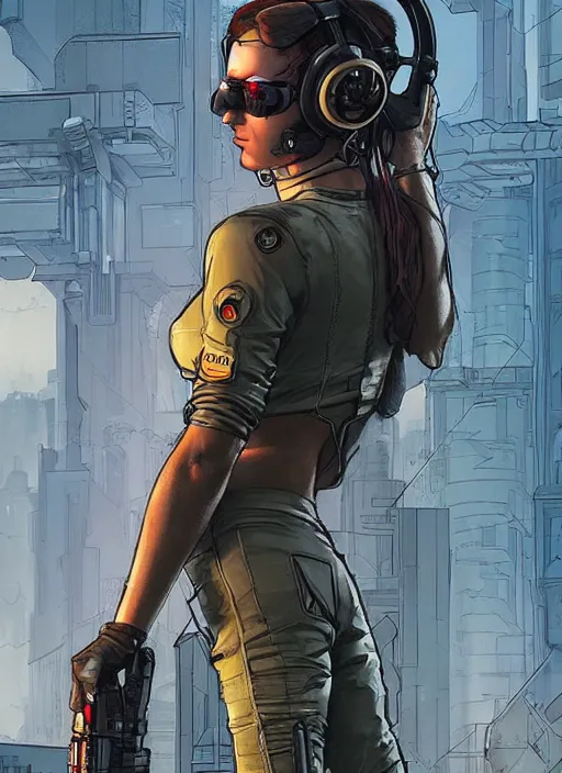 Image similar to Beautiful Maria. Gorgeous female cyberpunk mercenary wearing a cyberpunk headset, military vest, and jumpsuit. gorgeous face. Concept art by James Gurney and Laurie Greasley. Moody Industrial skyline. ArtstationHQ. Creative character design for cyberpunk 2077.