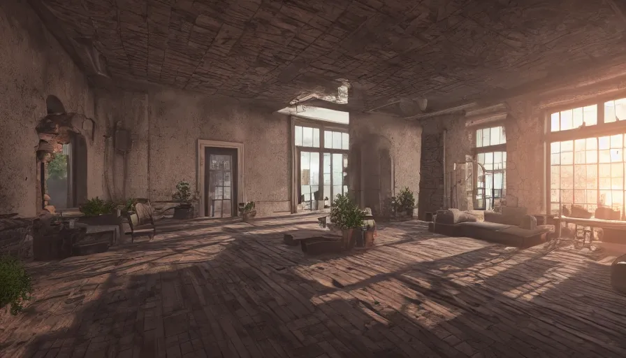 Prompt: Interior! in Unreal Engine 5 with Fantastic Landscape outside, High Quality Rendering, Octane, Redshift, Raytraced, 4k