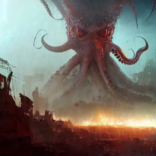 Image similar to ted cruz as a hideous octopus monster, destroys a city, greg rutkowski