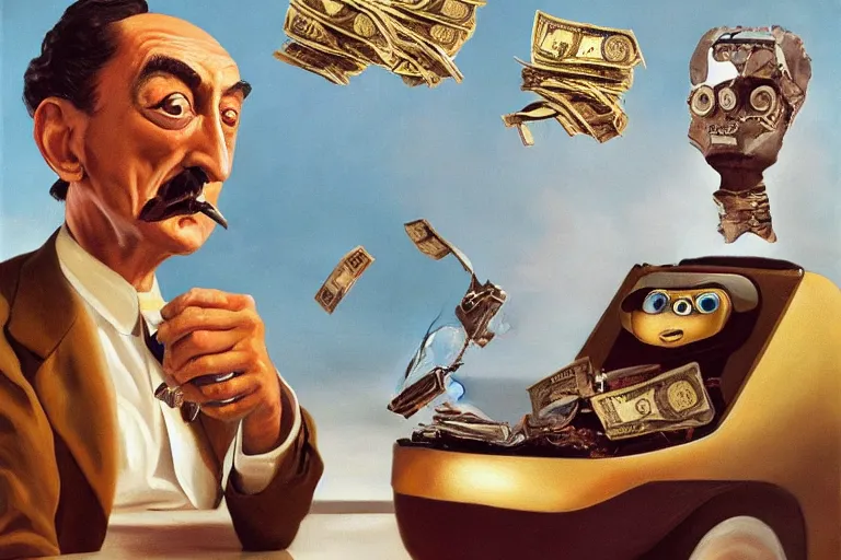 Image similar to Salvador Dali and WALL-E smoking cigars, counting money and holding keys, oil on canvas, artstation, portrait, masterpiece, aesthetic