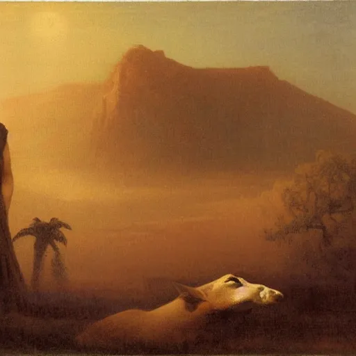 Prompt: Anubis scowling at the viewer, the background a gloomy fog rolling over the plains illustrated by Albert Bierstadt