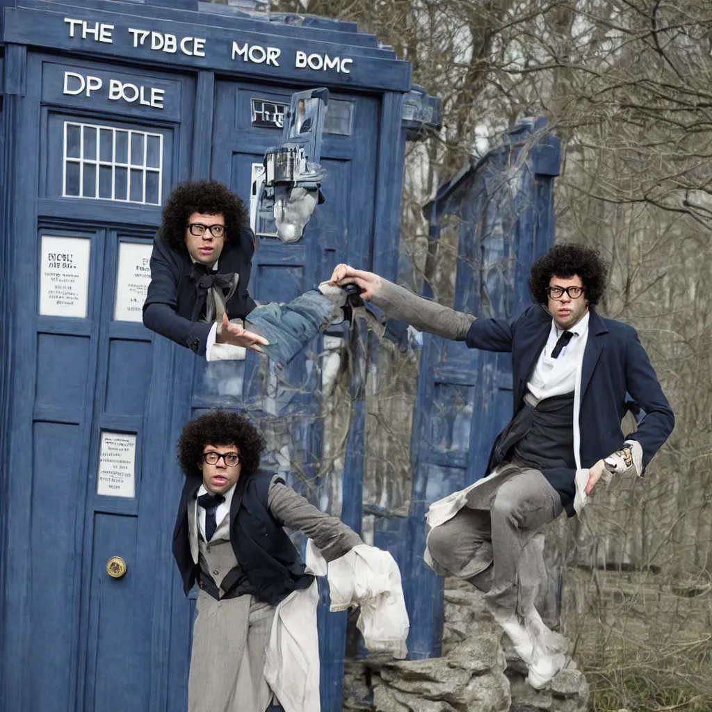 Prompt: Richard Ayoade as the Doctor, in front of the TARDIS