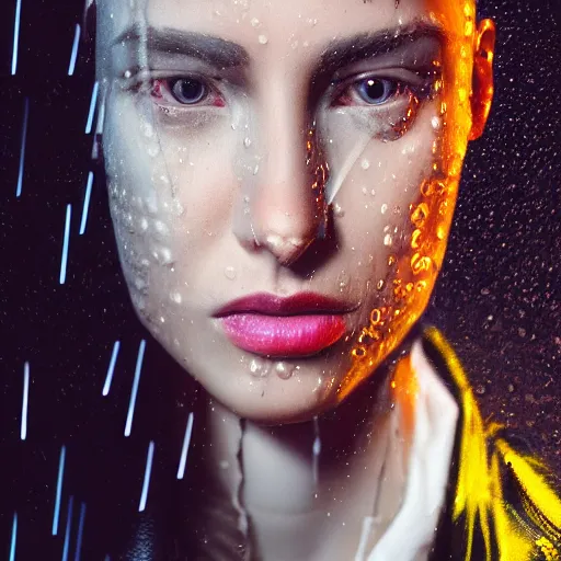 Prompt: stylish woman cartoon portrait made out of rain, leather jacket, cyberpunk background, rendered in octane, unreal engine, highly detailed, trending on artstation, realistic, neon, beautiful