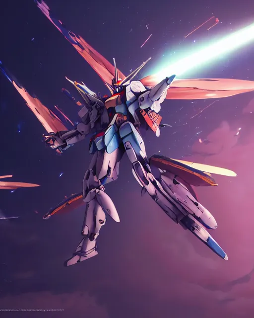 Image similar to highly detailed vfx portrait of a gundam with wings of feathers beam saber fighting in space with a beam gun, unreal engine, greg rutkowski, loish, rhads, beeple, makoto shinkai and lois van baarle, ilya kuvshinov, rossdraws, tom bagshaw, alphonse mucha, global illumination, detailed and intricate environment