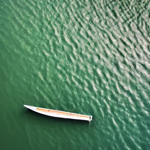 Prompt: photo of a rowboat from above in the style of Alison Shaw