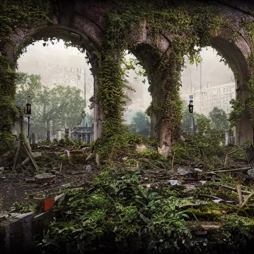 Prompt: overgrown london in ruins, highly detailed, 4k, HDR, award-winning, octane render, artstation