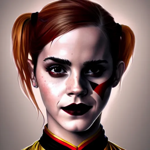 Prompt: Beautiful Emma Watson as Harley Quinn, western, D&D, fantasy, intricate, elegant, highly detailed, digital painting, artstation, concept art, matte, sharp focus, illustration, art by Artgerm and Greg Rutkowski and Alphonse Mucha