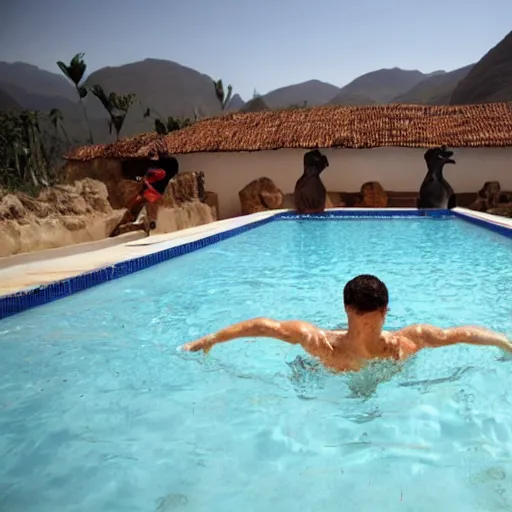 Prompt: achilles in a swimming pool in peru, photo