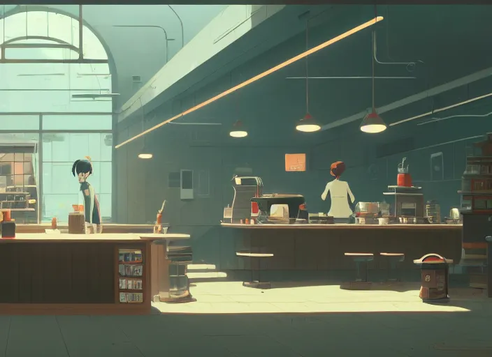 Prompt: an empty coffee shop, highly detailed, realistic, fine lines, by cory loftis, james gilleard, atey ghailan, makoto shinkai, goro fujita, studio ghibli, plain background