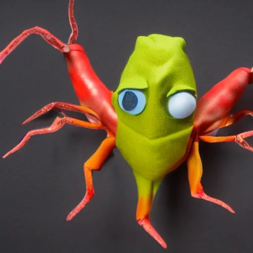 Prompt: a humanoid stop motion rosy maple moth squid hybrid puppet designed by tim burton