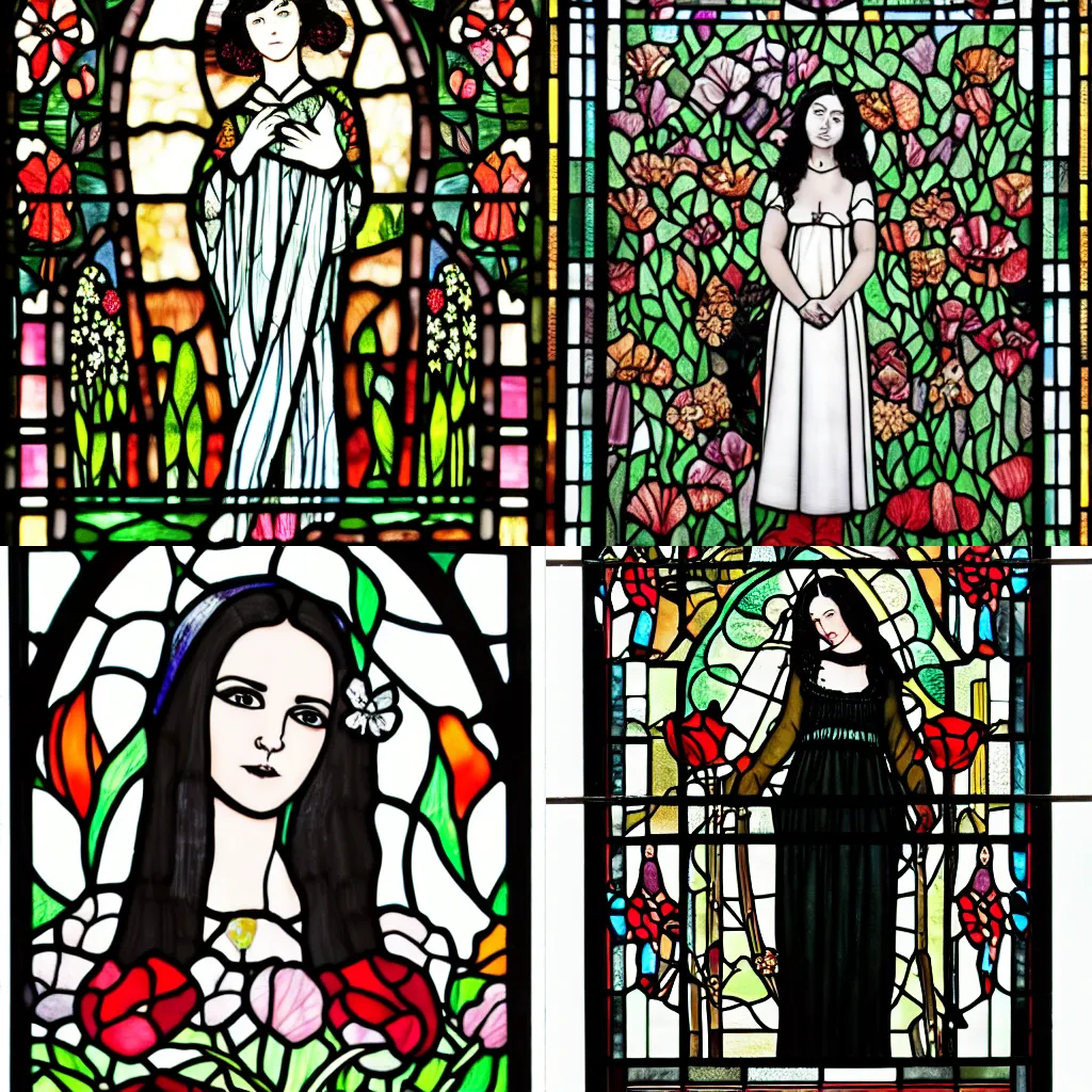 Prompt: A young woman with black hair in a gothic dress standing in a field of flowers looking down, stained glass artwork,