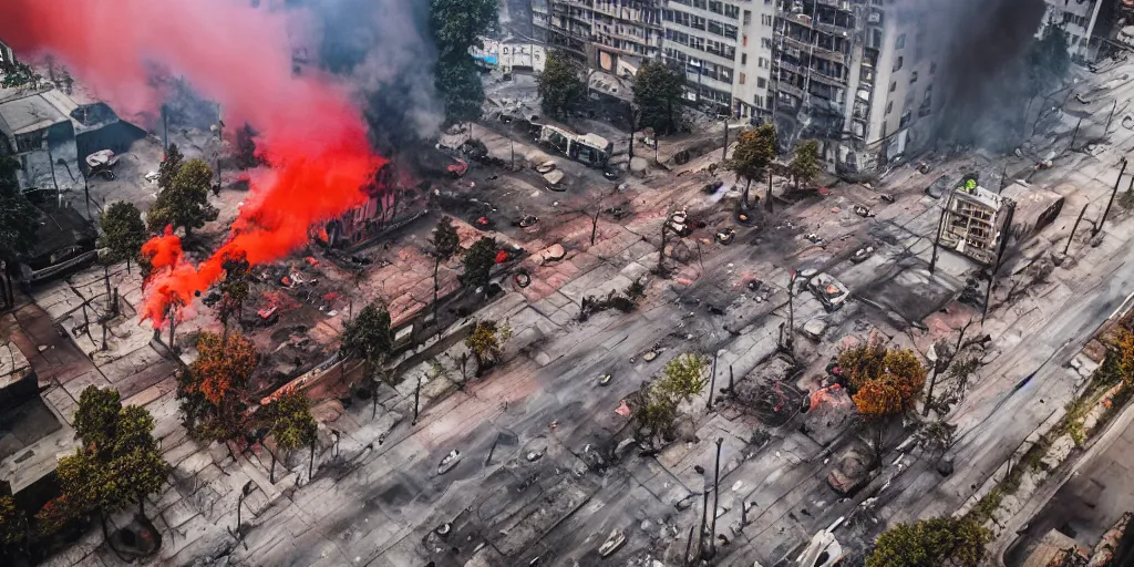 Image similar to post - apocalyptic kreuzberg streets covered in colorful smoke, burned cars, explosions, hyperrealistic, gritty, damaged, drone photography, photorealistic, high details