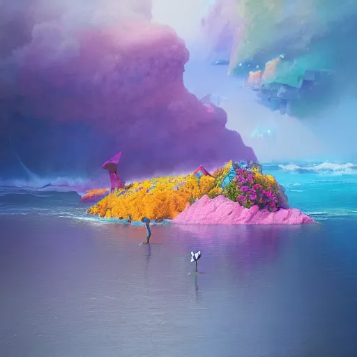 Image similar to beautiful matte painting of Colorful cubes forming themselves into flowers or animals while they dance along the waves of electromagnetism by John Howe and Moebius and Bastien Lecouffe Deharme and Andreas Rocha, Trending on artstation, barometric projection, rectilinear, f8, octane render, hyperrealism