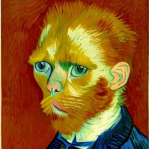 Prompt: a portrait of a ginger orange cat with it's whole head visible, wearing a light blue suit, by Vincent Van Gogh