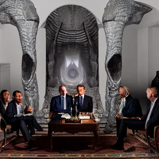 Image similar to A reptilian conspiracy meeting led by Emmanuel Macron, cult, meeting, illuminati, photography, studio portrait, volumetric lighting, nikon, canon, f3.2, 14mm, wide angle