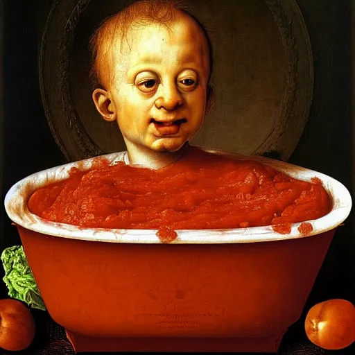 Image similar to a boy sitting in a tub full of tomato sauce, a lot of cabbage, by giuseppe arcimboldo and ambrosius benson, renaissance, portrait, fruit, intricate and intense oil paint, realistic