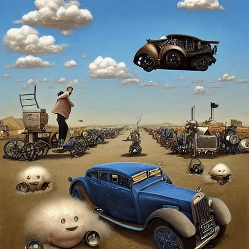 Image similar to a hyperrealistic painting of a steampunk car race, blue skies, fluffy clouds, by john kenn mortensen, highly detailed,