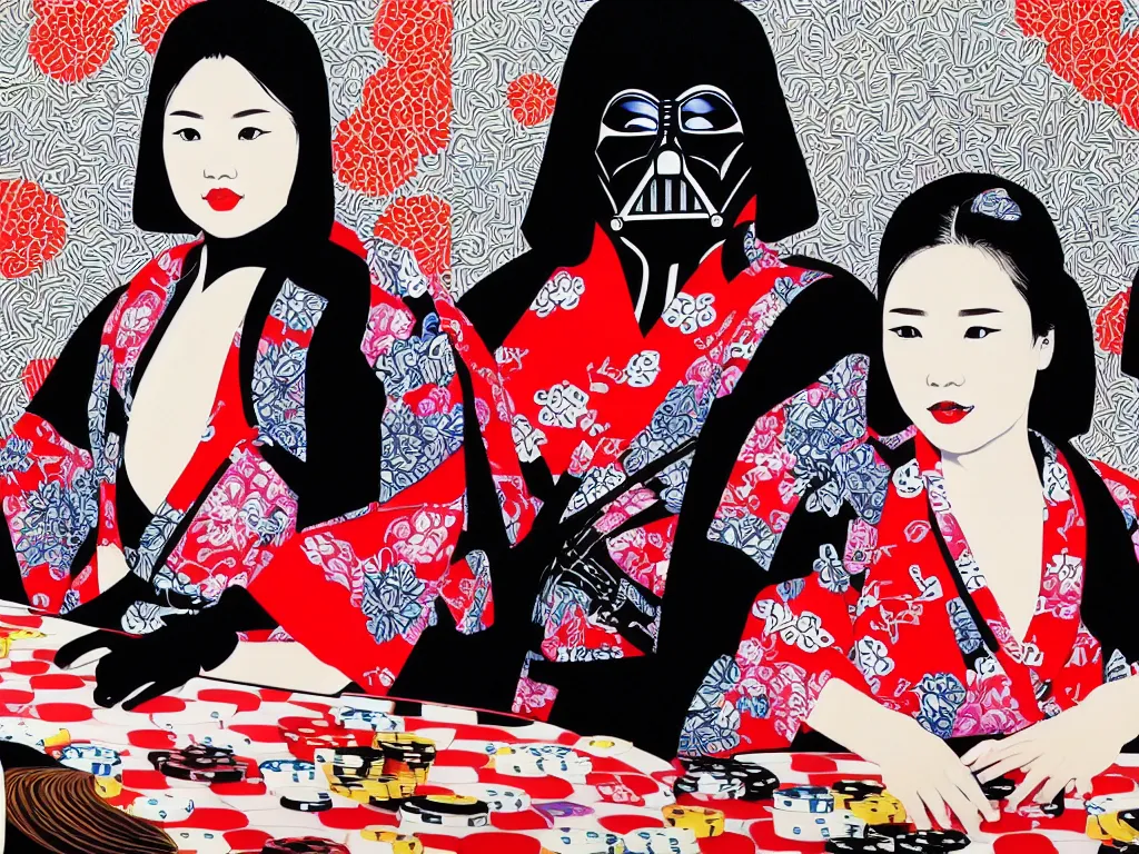 Image similar to hyperrealism composition of the detailed woman in a japanese kimono sitting at an extremely detailed poker table with darth vader, fireworks on the background, pop - art style, jacky tsai style, andy warhol style, acrylic on canvas