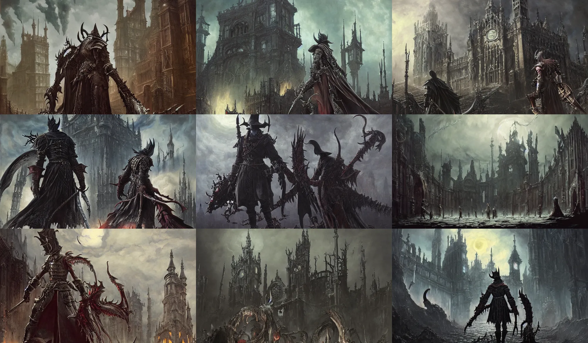 Prompt: painting by studio ghibli and henryk siemiradzki and gred hildebrandt, gothic dark fantasy bloodborne, epic multifigures composition