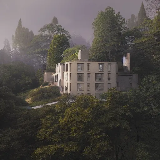 Prompt: beige house with walled in garden, on a hill surrounded by big trees, dramatic lighting, artstation, matte painting, raphael lacoste, simon stalenhag, frank lloyd wright, drone view