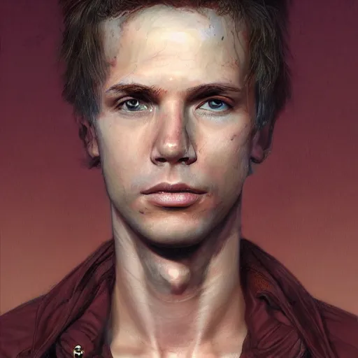 Image similar to a head - on portrait of a 2 0 - something engineering student, brown messy hair, by wayne barlowe and charlie bowater