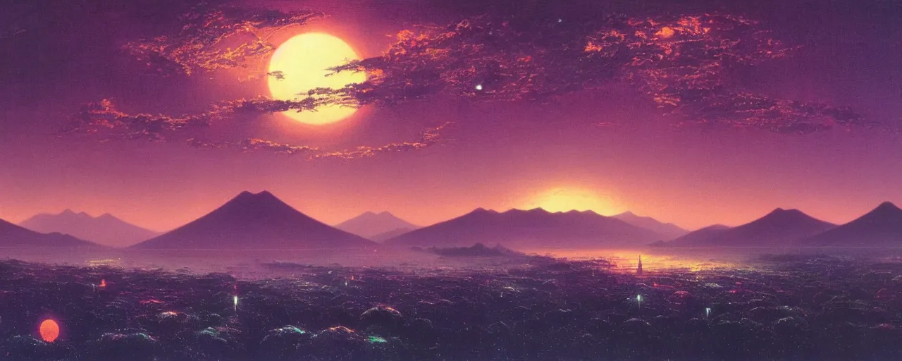 Image similar to awe inspiring bruce pennington landscape, digital art painting of 1 9 8 0 s, japan at night, 4 k, matte