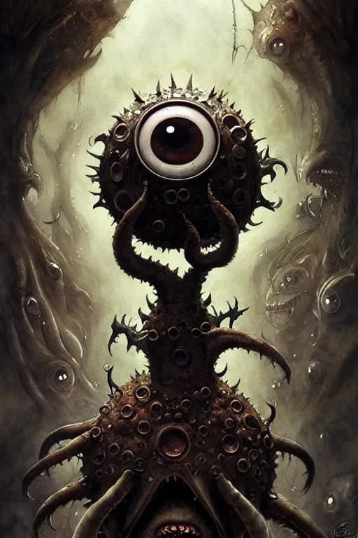 Image similar to beholder monster with 6 eyes | esoteric symbolism | jean - baptiste monge, esao andrews, bastien lecouffe - deharme, tim jacobus, ken currie | ultra - detailed realism, soft cinematic lighting, hi - fructose, artstation, high - quality, ink watercolors wes anderson poster art