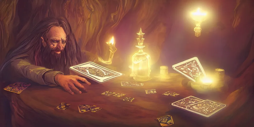 Image similar to wizard shuffling cards, tarot cards, fantasy, digital art, soft lighting, concept art, 8 k