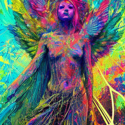 Prompt: psychedelic xray colorful lightning stunning angel art by floatingby elson, peter kemp, peter dan mumford and cgsociety. | psychedelic landscape by carne griffiths artwork by xsullo greg rutkowski