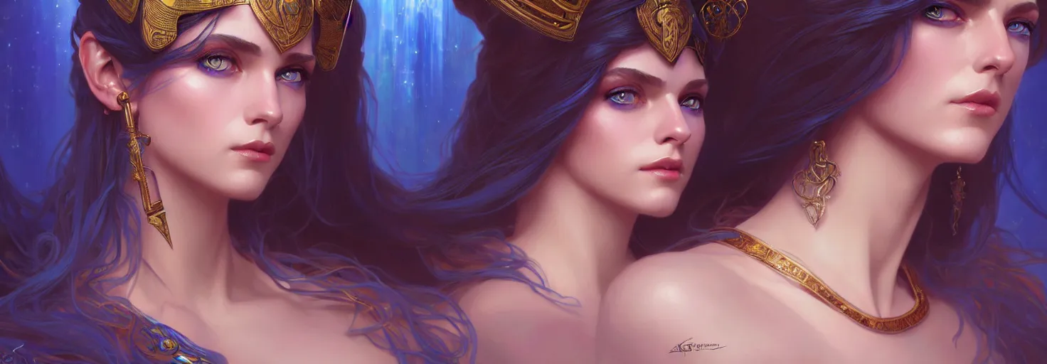 Prompt: fantasy magic woman portrait, blue eyes, face, cleopatra hair, astral, intricate, elegant, highly detailed, digital painting, artstation, concept art, smooth, sharp focus, illustration, art by artgerm and greg rutkowski and alphonse mucha