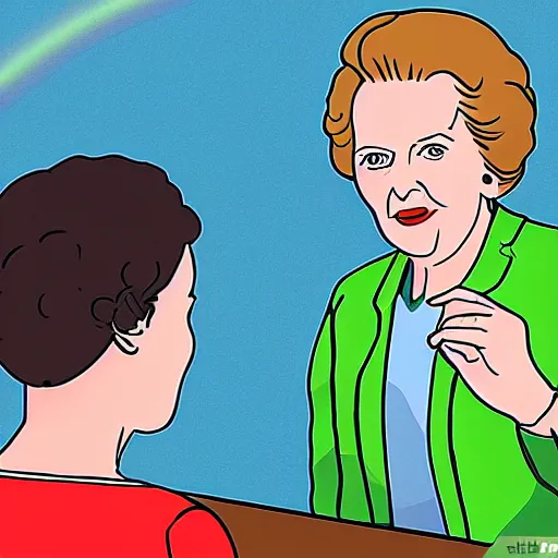 Image similar to wikihow illustration of having fun ( in a girly way ) by looking at photos of margaret thatcher on your laptop, as you sit on your couch in front of a rainbow tv static painting