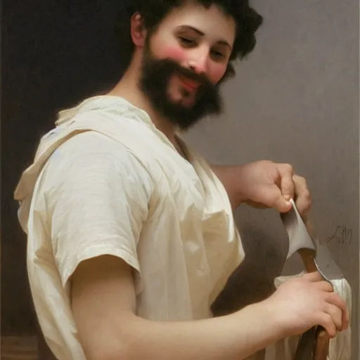 Image similar to painting of a man ironing his collar shirt placed on a bed. smiling. happy. cheerful. art by william adolphe bouguereau. extremely detailed. beautiful. 8 k. award winning.