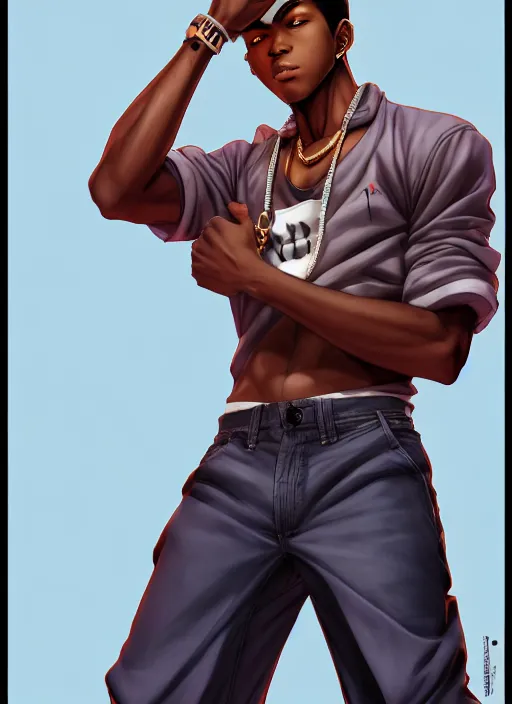 Prompt: handsome hip hop young black man, model pose, confident, manga style, scenery wallpaper aesthetic, pastel colors, symmetrical face, cinematic, dramatic, super detailed and intricate, hyper realistic, 4 k render, by artgerm, by kyoung hwan kim, by ralph mcquarrie, by yoshiyuki tomino