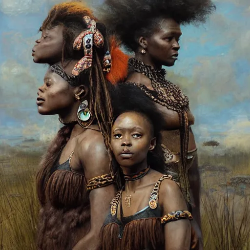 Prompt: three Zulu princesses close to each other, wondering about future of the world, oil painting, by Fernanda Suarez and and Edgar Maxence and greg rutkowski