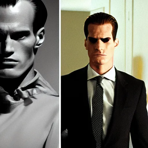 Image similar to max headroom as the american psycho, bateman stare, cinematic still