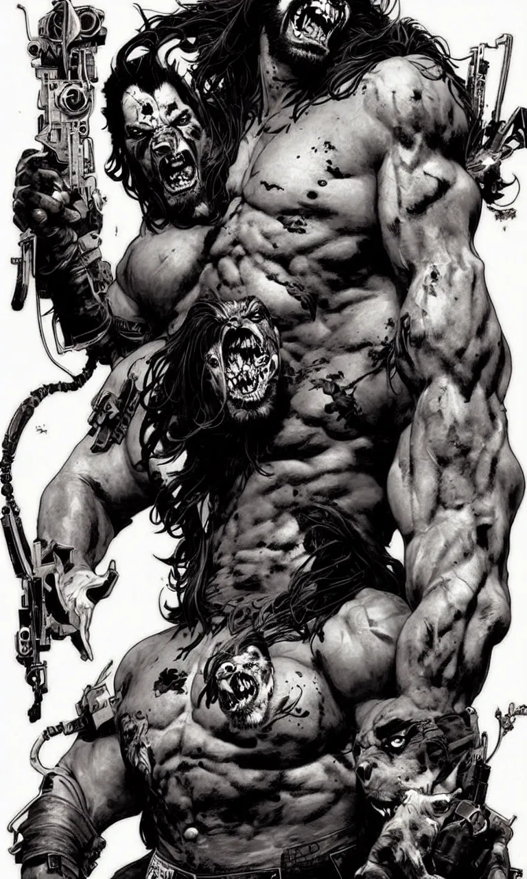 Prompt: lobo by simon bisley, photoshop, art by artgerm and greg rutkowski and alphonse mucha