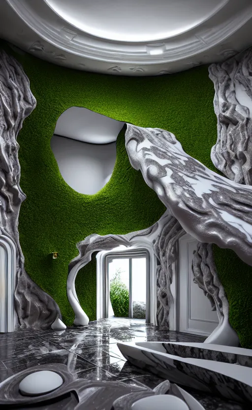 Prompt: highly detailed ultra sharp 3 d render villa interior cinematic composition of a smooth ceramic porcelain biomorphic magnolia stone nebula fluid corals fractal sci - fi surreal architecture landscape, metallic, granite, magnesium, marble, moss lichen, vincent callebaut composition, mamou - mani, archviz, beautiful lighting, 8 k, unreal engine