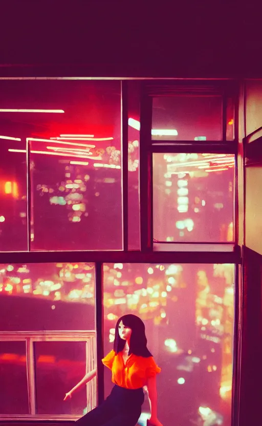 Image similar to vertical movie frame, girl in 7 0's retro restaurant, editorial, fashion, neon - decorated urban on night in the city seen through the window, modern architecture design, vintage, night, blade runner, dark, clean lines, asian futuristic city at distance, big windows, octane, wide angle