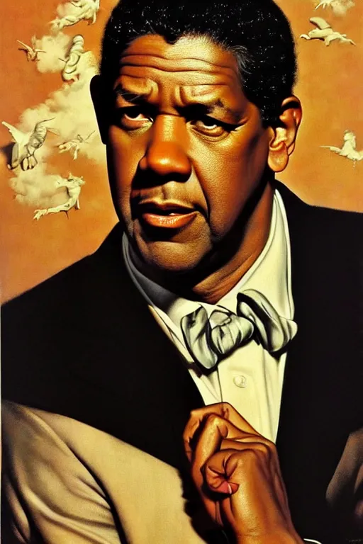 Image similar to denzel washington by gil elvgren and norman rockwell and rob gonsalves and hajime sorayama, hyperrealistic, high detail, ultra detailed, highly detailed face, ruffled fabric