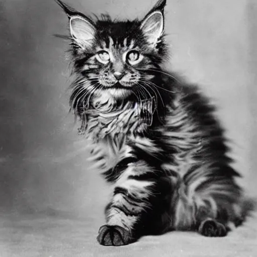 Image similar to close up of a maine coon kitten wearing soldier helmet in the battle, ww 2 historical photography, black & white