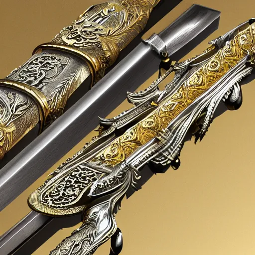 Prompt: Silver and gold coated magnificent highly detailed samurai sword trending on artstation