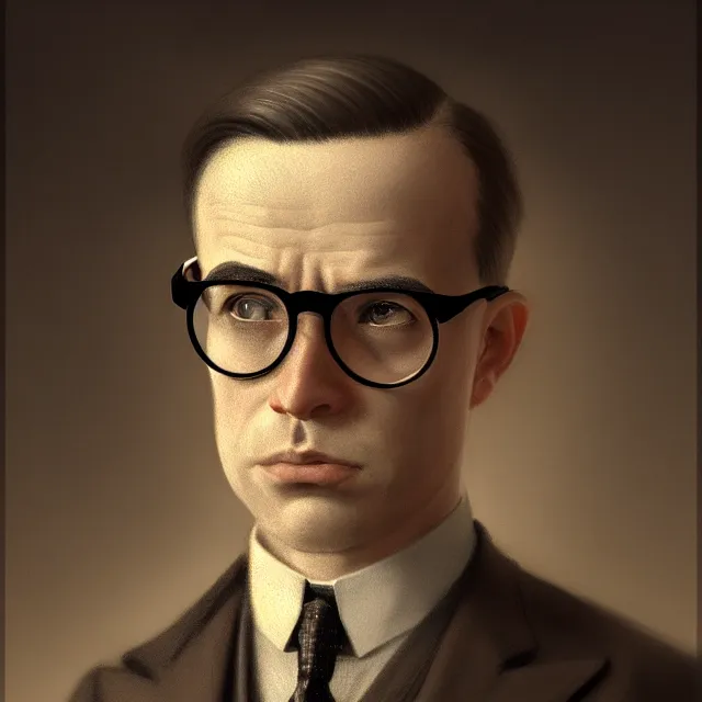 Prompt: portrait of a 1 9 2 5 lawyer, clean shaven, no hat, thin round glasses, worried, atmospheric lighting, dark background, intricate, ultra detailed, well composed, best on artstation, cgsociety, epic, stunning, gorgeous, intricate detail, wow, masterpiece
