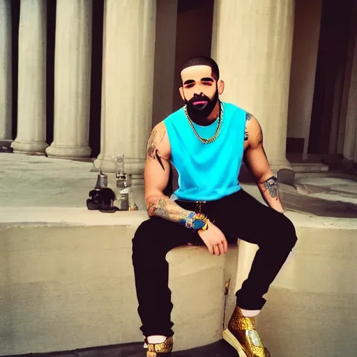 Prompt: drake posing for photo, gold chain necklace, high fade buzz cut, beard, hindu temple in background